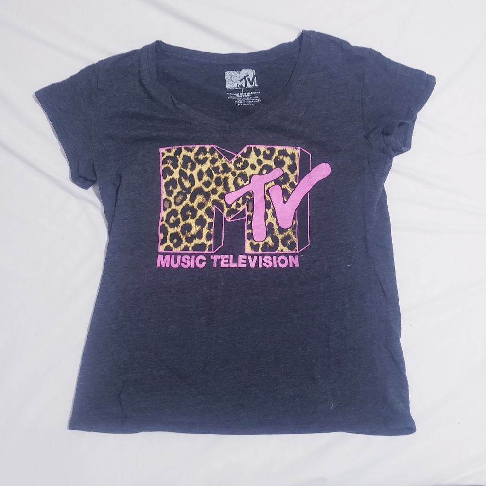 MTV Music Television V-Neck Grey Leopard Print T-Shirt Top